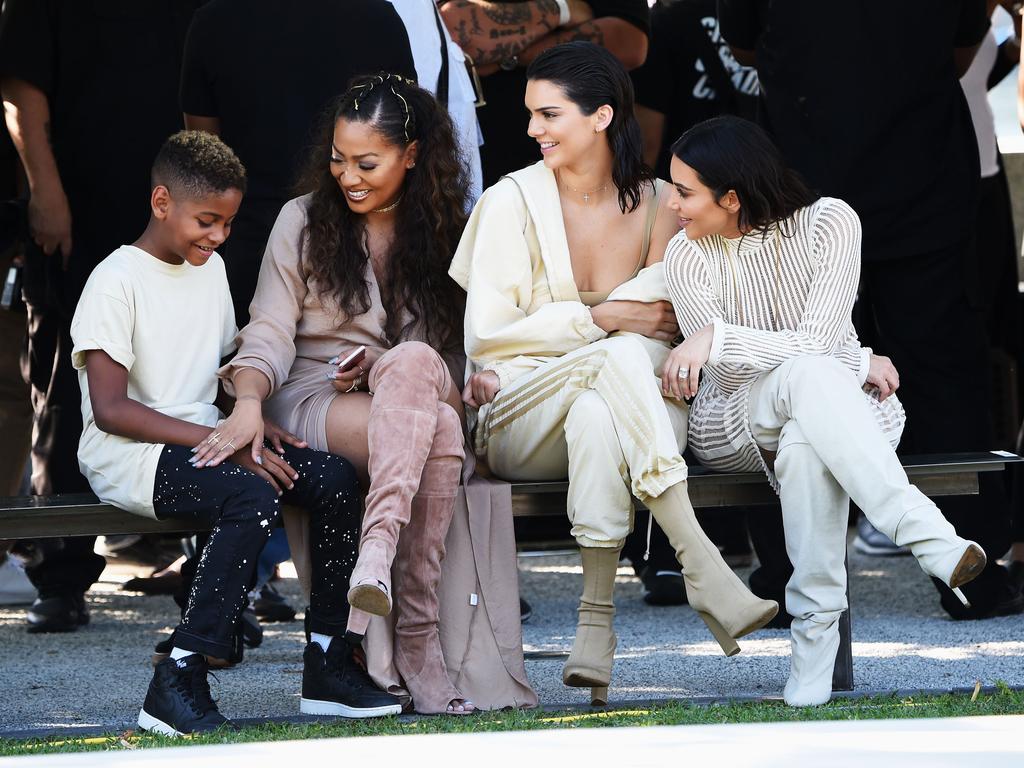 Kiyan Carmelo Anthony, La La Anthony, Kendall Jenner and Kim Kardashian attend the Kanye West Yeezy Season 4 fashion show on September 7, 2016 in New York City. Picture: Getty