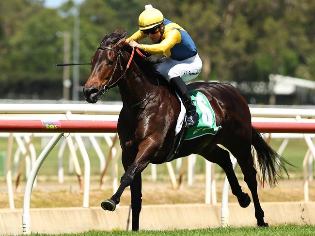 WYONG, AUSTRALIA - JANUARY 11: Adam Hyeronimus riding Bonita Queen win Race 5 Wyong Equine Clinic during Sydney Racing: Wyong 150th Anniversary And The Lakes Race Day at Wyong Racecourse on January 11, 2025 in Wyong, Australia. (Photo by Jeremy Ng/Getty Images)