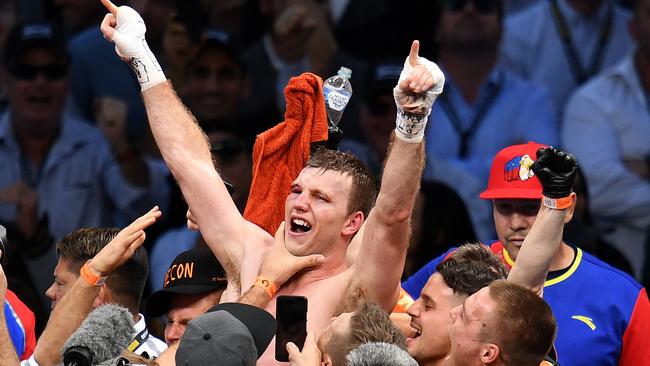 Australia's Jeff Horn celebrates defeating Manny Pacquiao of the Philippines.