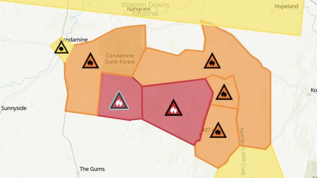 A cluster of emergency and prepare to act warnings have been issued in the Western Down area of Queensland. Picture: QFES