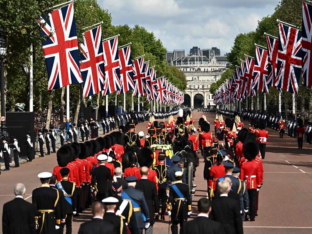 The royal family follow the Queen’s coffin up the mall. Picture: AFP.