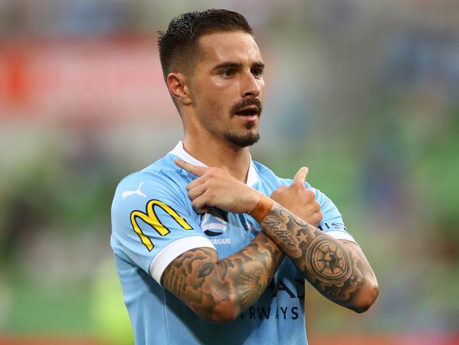 MELBOURNE, AUSTRALIA - MARCH 12: Jamie Maclaren of Melbourne City celebrates after scoring a goal during the A-League match between Melbourne City and Macarthur FC at AAMI Park, on March 12, 2021, in Melbourne, Australia. (Photo by Robert Cianflone/Getty Images)