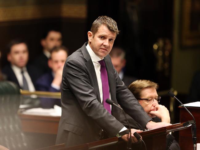 Mike Baird speaks last night before the NSW Parliament vote on the Greyhound Racing Prohibition Bill . picture Craig Greenhill