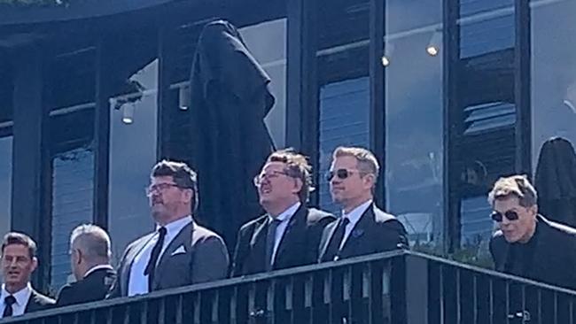 Matt Damon watches the running of the Victoria Derby from the Birdcage. Picture: Craig Hughes