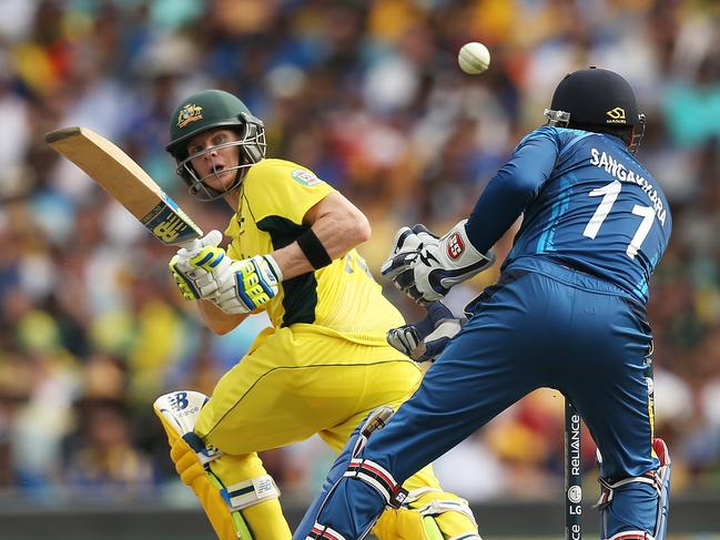 Steve Smith sweeps fine during ICC Cricket World Cup match between Australia and Sri Lanka at the SCG. pic. Phil Hillyard