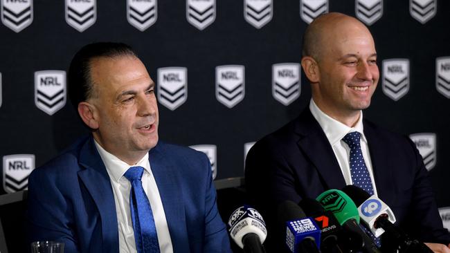 Australian Rugby League Commission Chairman Peter V'landys and NRL Chief Executive Todd Greenberg are seen during a press conference at Penrith Panthers Leagues Club in Penrith, NSW, Thursday, October 31, 2019. (AAP Image/Bianca De Marchi) NO ARCHIVING