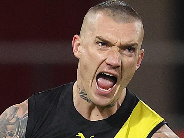 Richmond vs North Melbourne at Metricon Stadium, Gold Coast. 18/07/2020.   Dustin Martin of the Tigers celebrates his goal in the third quarter  . Pic: Michael Klein