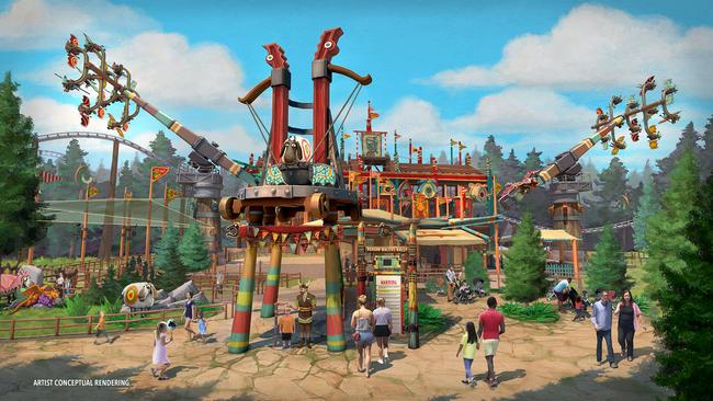 The Dragon Racer’s Rally allows guests to practice their moves on two dragon-riding trainers which takes people up to 67 feet aerobatic manoeuvres and high-speed barrel rolls on two Viking-made dragon-riding trainers that reach heights of up to 67 feet (20m) in the air. Photo: Universal Epic Universe