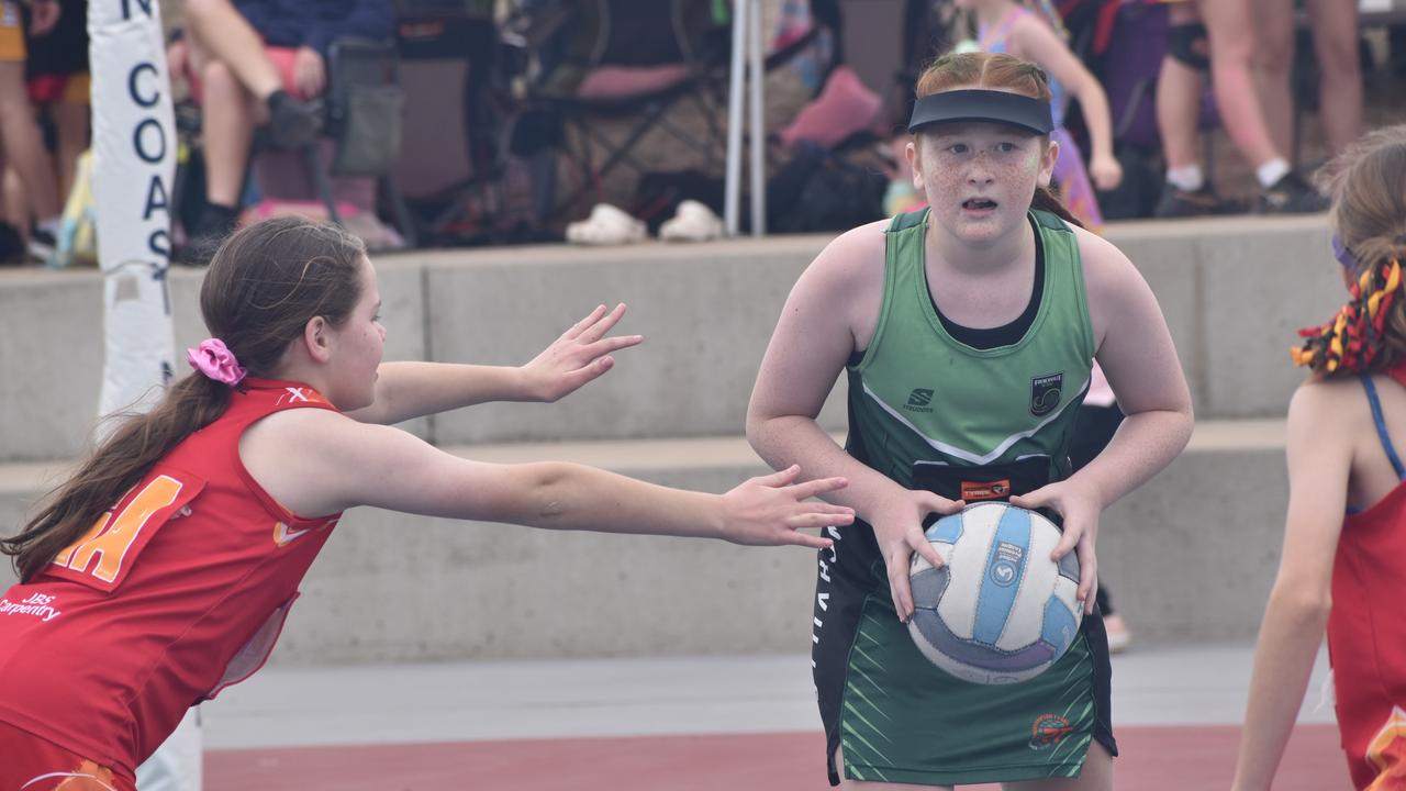 On court at the Cap Coast Junior Netball Carnival at the Barmaryee Multi Sports Precinct, Yeppoon, on August 11, 2024. Photo: Pam McKay
