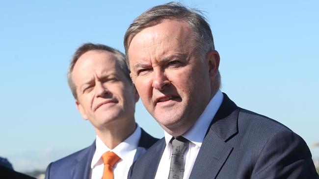 Opposition Leader Bill Shorten and Anthony Albanese holding a press conference at the Port of Botany in Sydney. Picture Kym Smith