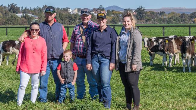 Soil surprise: (from left) Amy, Doug, Jayden, John, Amy and Jo Raphael at the family’s dairy farm at Muswellbrook in the NSW Hunter. Pictures: Katrina Partridge