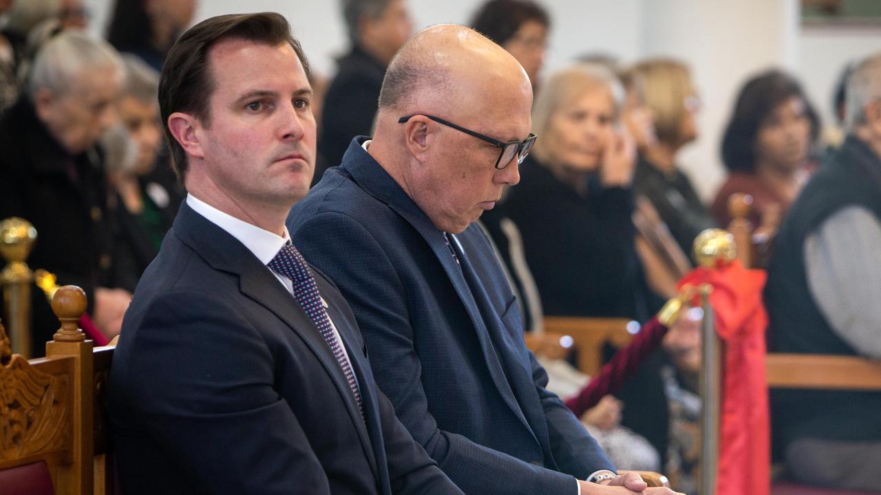 Opposition Leader Peter Dutton with Sturt MP James Stevens at a Greek Orthodox Easter Service in 2023 at Athelstone. Picture: NCA NewsWire/Emma Brasier