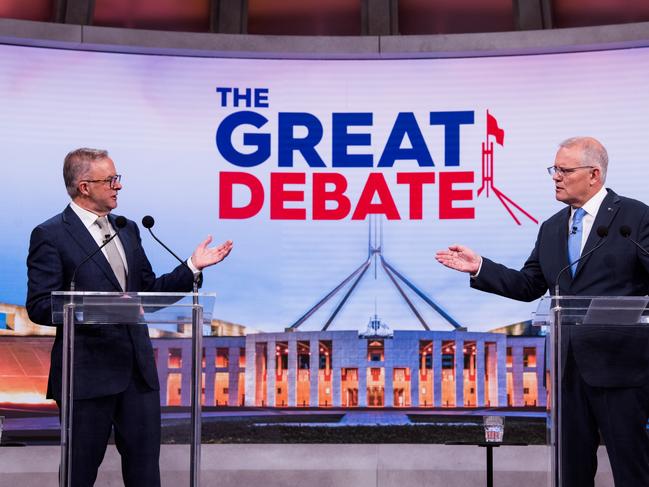 SYDNEY, AUSTRALIA – MAY 08: (L-R) Australian opposition leader Anthony Albanese and Australian Prime Minister Scott Morrison debate on live television ahead of the federal election, during the second leaders' debate of the 2022 federal election campaign, at the Nine studio on May 8, 2022 in Sydney, Australia. The Australian federal election will be held on Saturday 21 May with Liberal leader Scott Morrison looking to secure a fourth term in power for the Coalition against Labor and opposition leader Anthony Albanese. (Photo by James Brickwood – Pool/Getty Images)