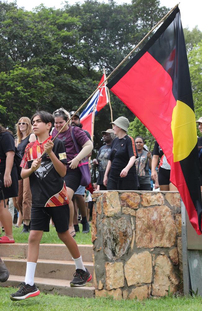 Hundreds of Territorians demonstrated on Invasion Day 2024 by marching from Civic Park through Darwin city on Friday, January 26. Picture: Zizi Averill