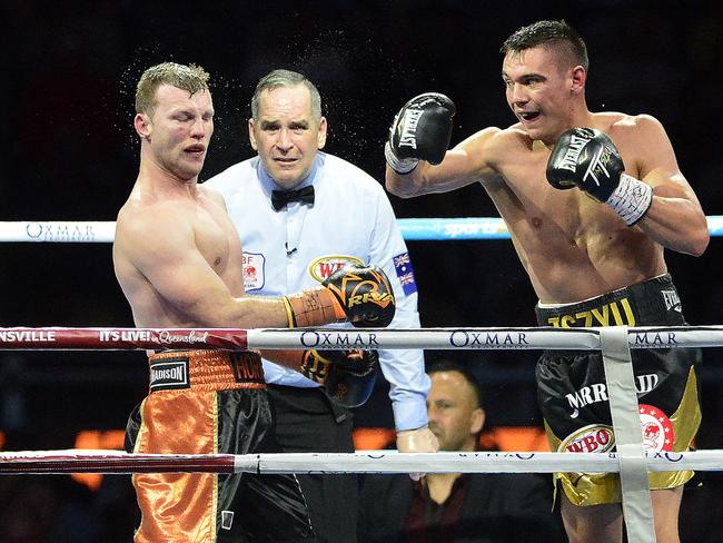 Jeff Horn felt Tim Tszyu’s power when they fought at Queensland Country Bank Stadium. Picture: Matt Taylor