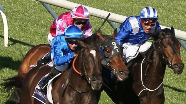 Glyn Schofield riding Avilius (left) before  narrowly defeating Michael Walker and Jaameh (rails) in The Bart Cummings.