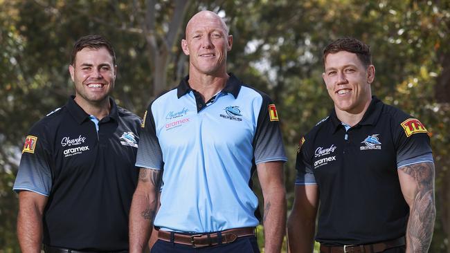 Saturday TELEGRAPH. OCTOBER 22, 2021. Wade Graham, with new Sharks Coach, Craig Fitzgibbon and Cameron McInnes, at Sharks at Kareela, today. Picture: Justin Lloyd.