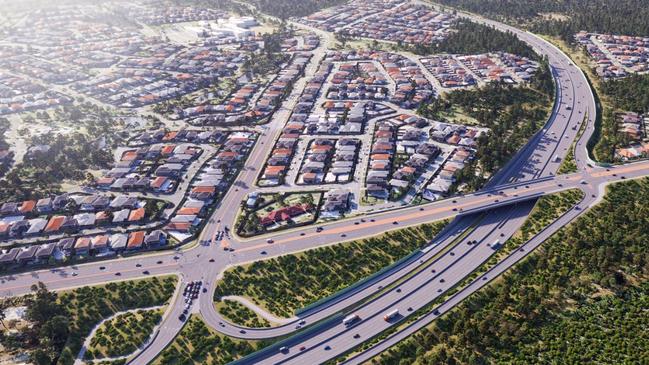 Artist's impression of the Coomera Connector interchange at Foxwell Rd in Coomera.