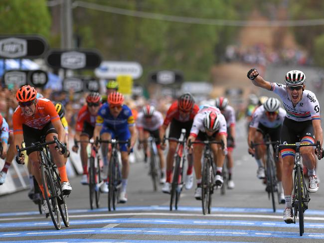 CAMPBELLTOWN, AUSTRALIA - JANUARY 18: Arrival / Daryl Impey of South Africa and Team Mitchelton-Scott / Celebration / Patrick Bevin of New Zealand and CCC Team Orange Leader Jersey / during the 21st Santos Tour Down Under 2019, Stage 4 a 129,2km stage from Unley to Campbelltown / TDU / on January 18, 2019 in Campbelltown, Australia. (Photo by Tim de Waele/Getty Images)