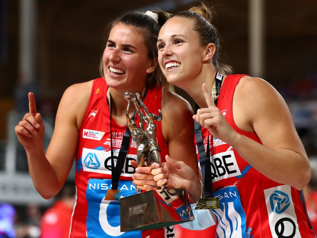 Proud and Paige Hadley led the Swifts to their 2021 Supern Netball Championship. Picture: Chris Hyde/Getty Images