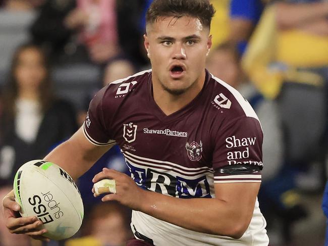 SYDNEY, AUSTRALIA - MAY 23: Josh Schuster of Manly runs the ball during the round 11 NRL match between the Parramatta Eels and the Manly Sea Eagles at Bankwest Stadium, on May 23, 2021, in Sydney, Australia. (Photo by Mark Evans/Getty Images)