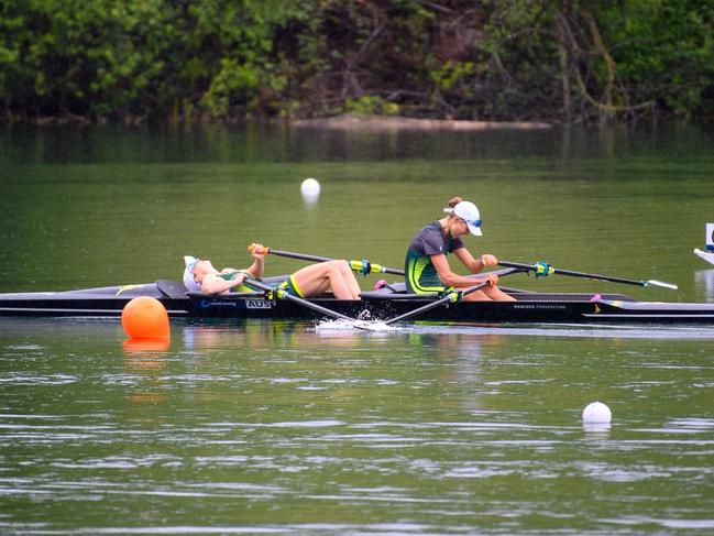 Tasmania's Anneka Reardon and crew mate Georgia Miansarow after just falling short of qualifying Australia's women's lightweight sculls boat for the Olympics. Picture: Rowing Australia