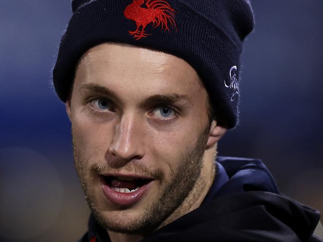 PENRITH, AUSTRALIA - MAY 12: Sam Walker of the Roosters looks on during the warm-up before the round 11 NRL match between Penrith Panthers and Sydney Roosters at BlueBet Stadium on May 12, 2023 in Penrith, Australia. (Photo by Mark Kolbe/Getty Images)