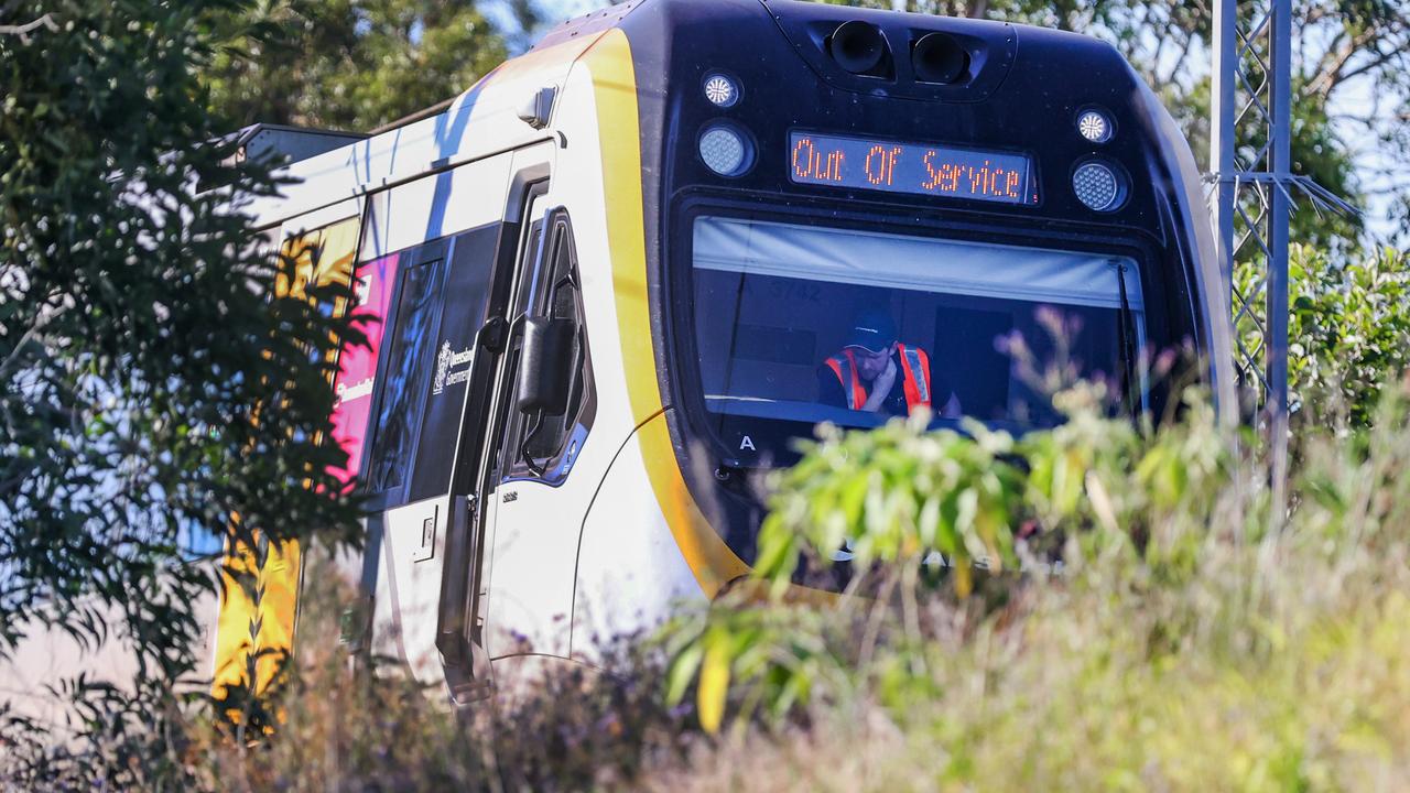 The train stopped on the tracks near Yatala. Picture: Nigel Hallett