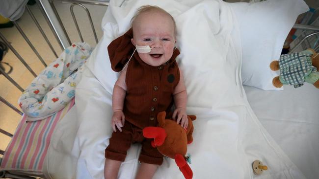 Baby Oliver will spend his first Christmas at home after several heart operations at Queensland Children’s Hospital in Brisbane. Picture: Jamie Hanson