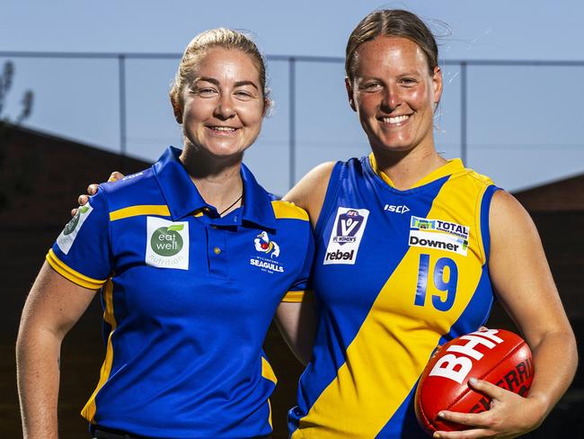 MELBOURNE, AUSTRALIA - FEBRUARY 07: Erin Meade of Williamstown and Williamstown head coach Penny Cula pose for a portrait during a VFLW media opportunity on February 07, 2022 in Melbourne, Australia. (Photo by Daniel Pockett/AFL Photos/Getty Images)