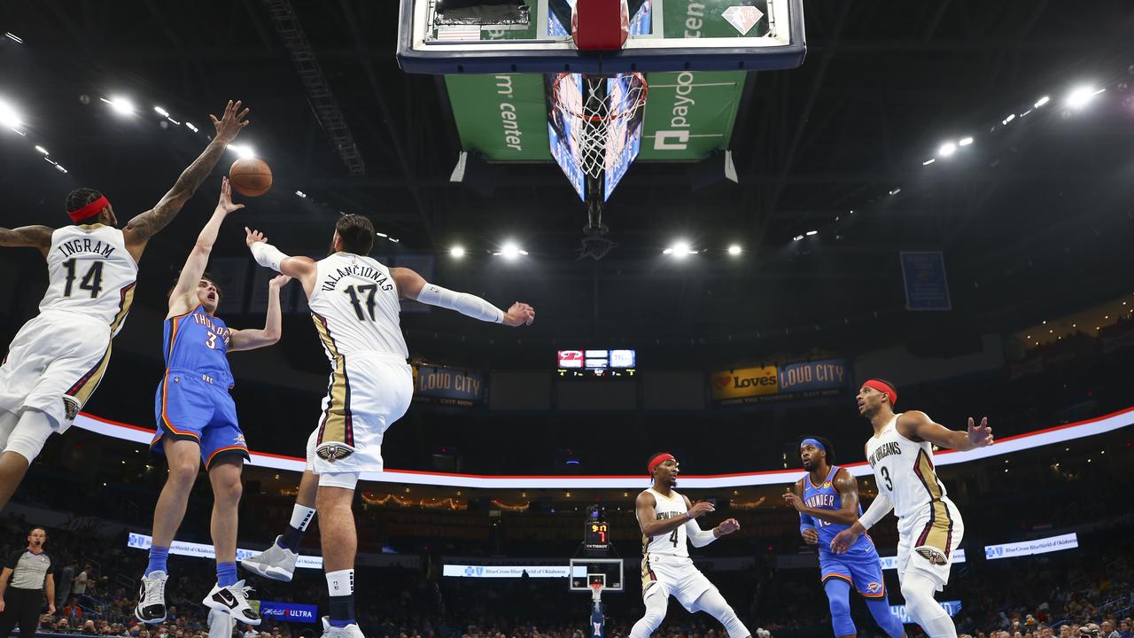 Giddey shoots against the Pelicans. Picture: Zach Beeker / NBAE via Getty Images