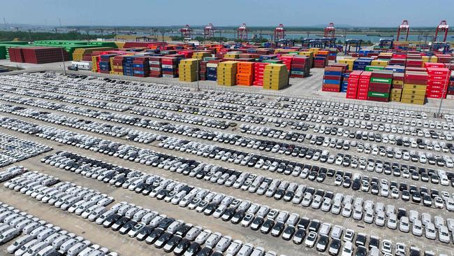 Chinese made cars, including Volvo and other brands, are seen at the port in Nanjing. Picture: AFP
