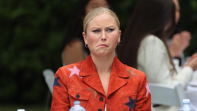 As Prime Minister Scott Morrison addressed the crowd Grace Tame did not look impressed at the 2022 Australian of the Year Finalists Morning Tea, at the Lodge in Canberra. Picture: NCA NewsWire / Gary Ramage