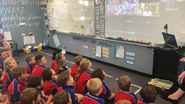 Kindergarten students at St Mary's Primary School received a surprise Zoom visit from Australian tennis legend Todd Woodbridge as part of the Tennis NSW roadshow and Tennis Australia Hot Shotz program.