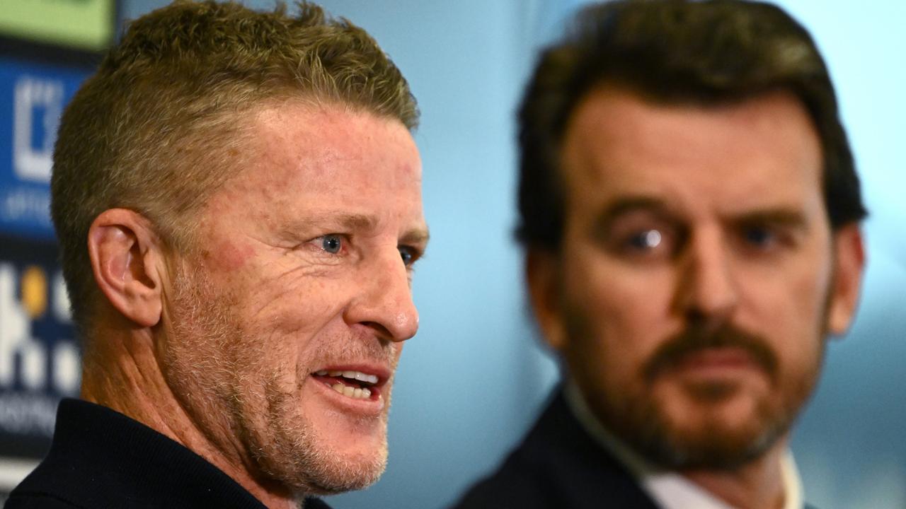 MELBOURNE, AUSTRALIA - MAY 23: Damien Hardwick the coach of the Tigers and CEO Brendon Gale speak to the media during a Richmond Tigers AFL press conference at Punt Road Oval on May 23, 2023 in Melbourne, Australia. (Photo by Quinn Rooney/Getty Images)