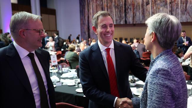 Anthony Albanese and Penny Wong congratulate opposition Treasury spokesman Jim Chalmers after his National Press Club address on Tuesday. Picture: NCA NewsWire / Gary Ramage