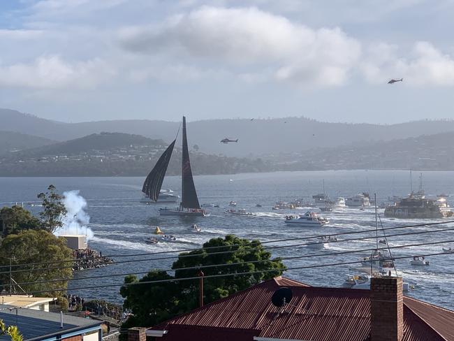 The cannon is fired to mark Wild Oats crossing the finish line of the 2018 Sydney to Hobart. Picture: MELINDA LENNOX