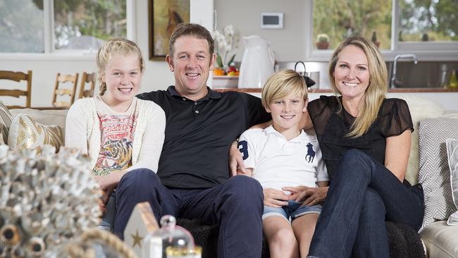 David and Karen Schwarz with children Indiana and Cooper at their Barwon Heads home. Picture: Nathan Dyer