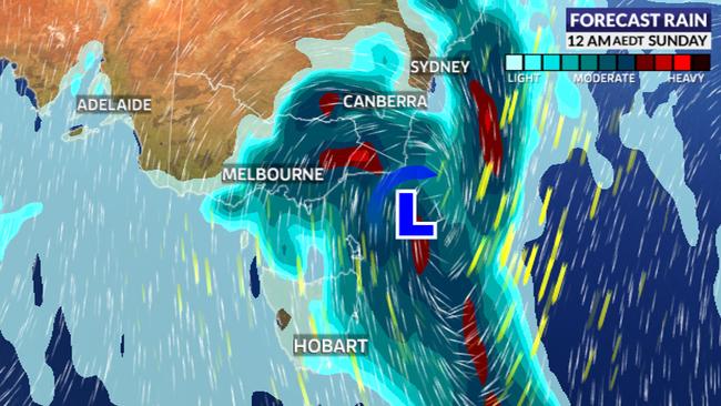 Forecast rain and wind for Sunday 3 December. Picture: Sky News Weather