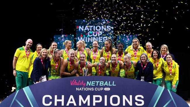 Australia celebrate during the trophy presentation after their victory during the Vitality Netball Nations Cup Final at First Direct Arena in Leeds, England. Photo: Getty Images