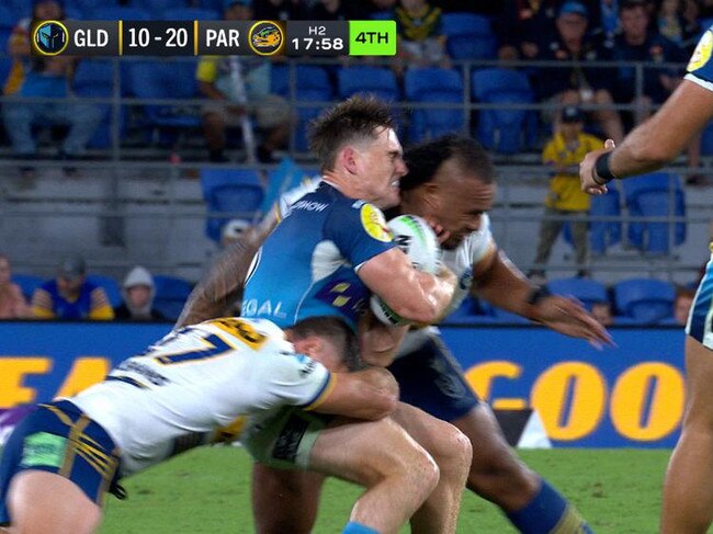 Junior Paulo was sin-binned for this tackle on AJ Brimson.