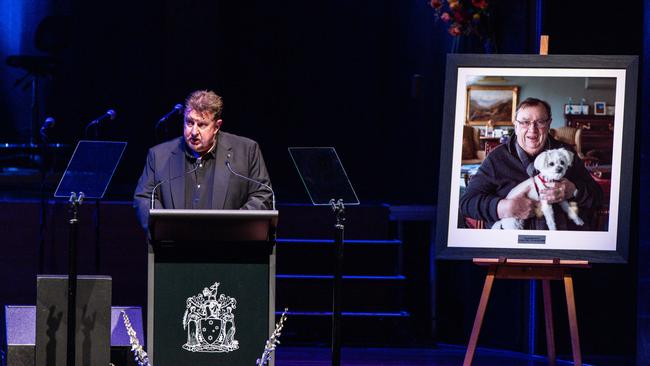 Stuart Mitchell speaks during the state memorial for his father Harold Mitchell. Picture: NCA NewsWire / Diego Fedele.