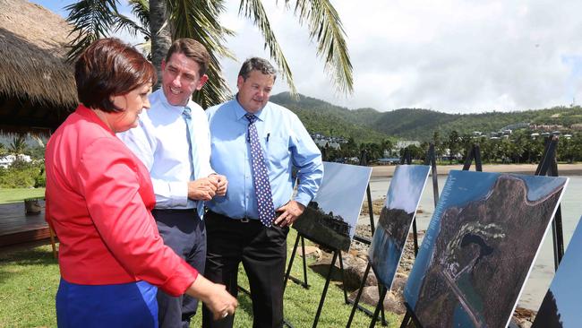 Then Whitsunday Regional Council mayor Andrew Willcox, minister for state development, infrastructure and planning Cameron Dick and the member for Mackay Julieanne Gilbert discussing the proposed $583 redevelopment of Lindeman Island in March 2018.