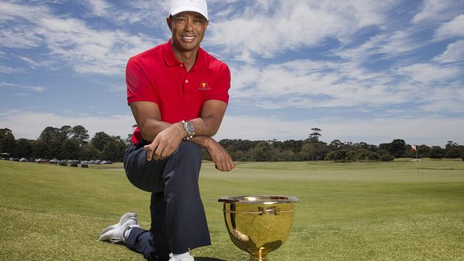 Tiger Woods with the Presidents Cup at Royal Melbourne. Pic: Michael Klein