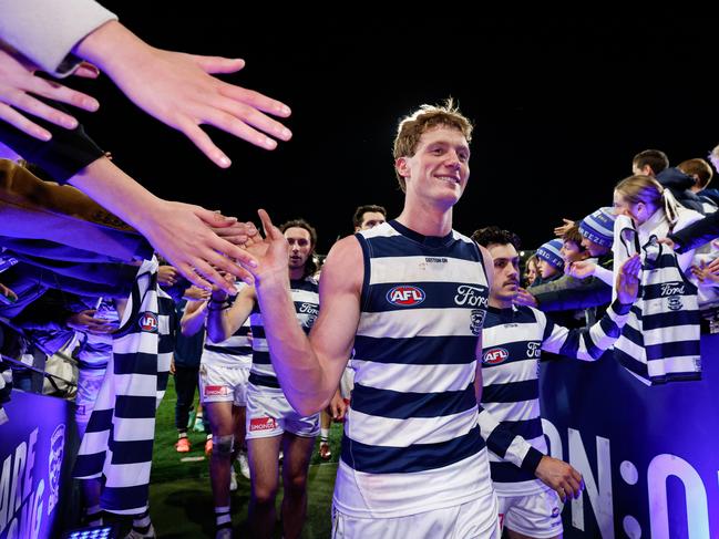 Can Toby Conway stamp himself as Geelong’s No.1 ruckman? Picture: Dylan Burns/AFL Photos via Getty Images