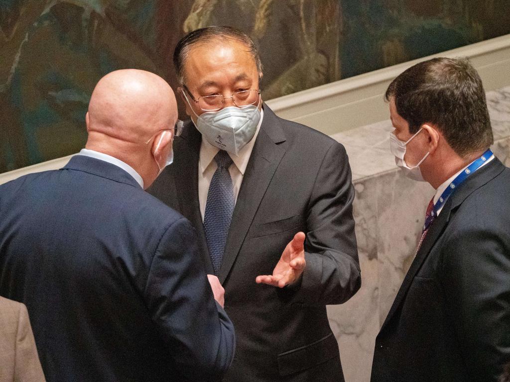 Vasily Nebenzya, Permanent Representative of Russia to the United Nations, speaks to Zhang Jun, Permanent Representative of China to the United Nations, prior to the United Nations Security Council meeting at United Nations headquarters on February 25. Picture: Getty Images/AFP