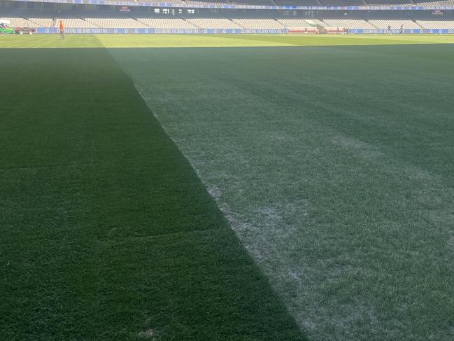 A strip of turf at Marvel Stadium has significantly less grass coverage following Pink's series of concerts at the venue over the last month. Picture: Ed Bourke