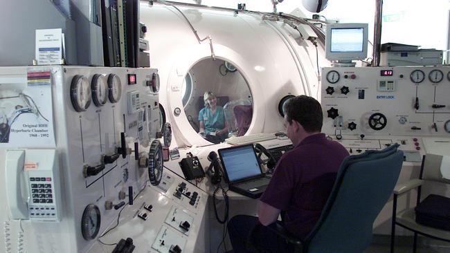 Testing the new hyperbaric chamber at Royal Hobart Hospital. Picture: Luke Bowden