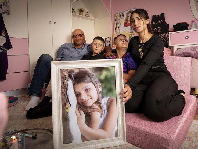 29-09-2024 - The family of 11-year-old AlmaÃÂ Fakher Eldin in her bedroom vigil 64 days after she was killed by a Hezbollah rocket. Pictured L-R is father Aymon, brothers Ryan, 12 and  Elyan, 10 and mother Naela. Picture: Liam Mendes / The Australian