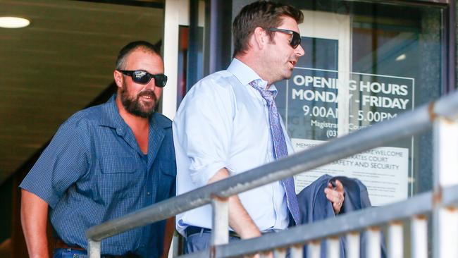 Hit and run accused Brendan John Jordan with his lawyer Mark Doyle, right, at Launceston Magistrates Court. Picture: PATRICK GEE